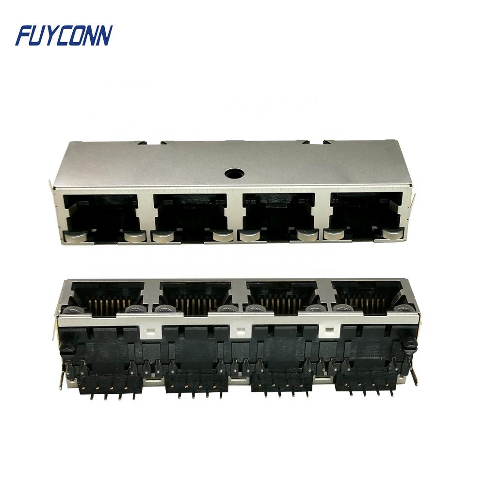1x4 порта 4*8P 32 контакта гнездовой разъем RJ45 модульный разъем, прямоугольный PCB 4 порта экранированный разъем RJ45 со светодиодной подсветкой