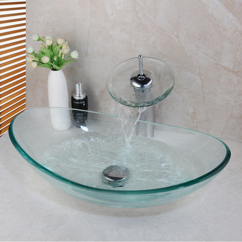 Bathroom Washbasin Oval Clear Tempered Glass Ingot Shape Round Vessel Sink With Waterfall Chrome Faucet Set