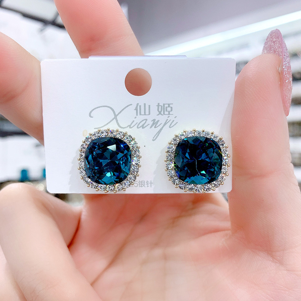 S925 Sterling Silver with 18K White Gold Plated Cubic Zirconia Blue Square Sparkle Halo Stud Earrings for Women
