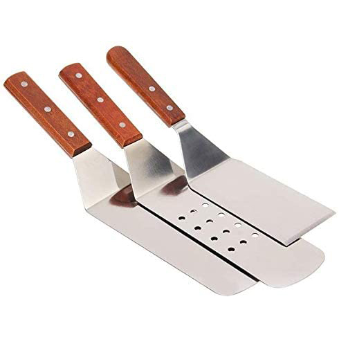Stainless Steel Spatula Set Metal Flat Spatula and Scraper Hamburger Pizza Cake Pancake Turner Grill Utensils with Wooden Handle