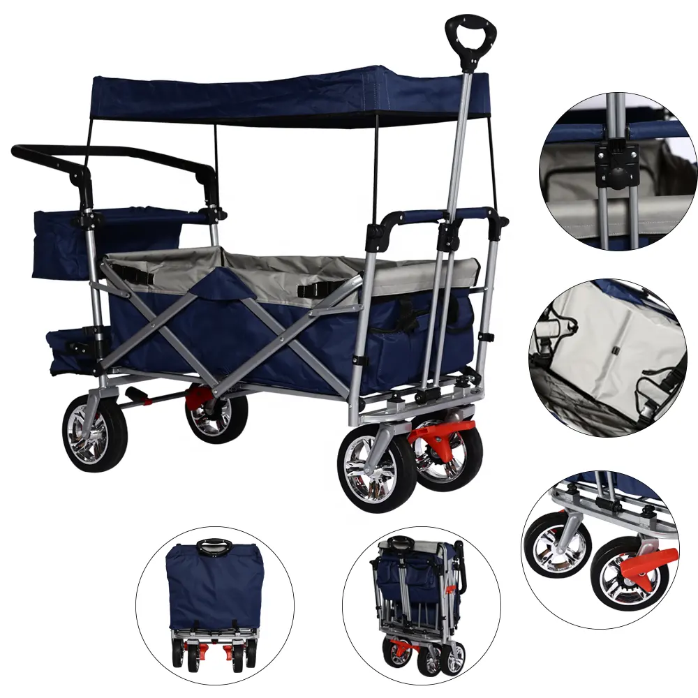 Folding Large Capacity Handwagon Utility Pull Garden Cart Wagon 4 Wheels With Removable Canopy