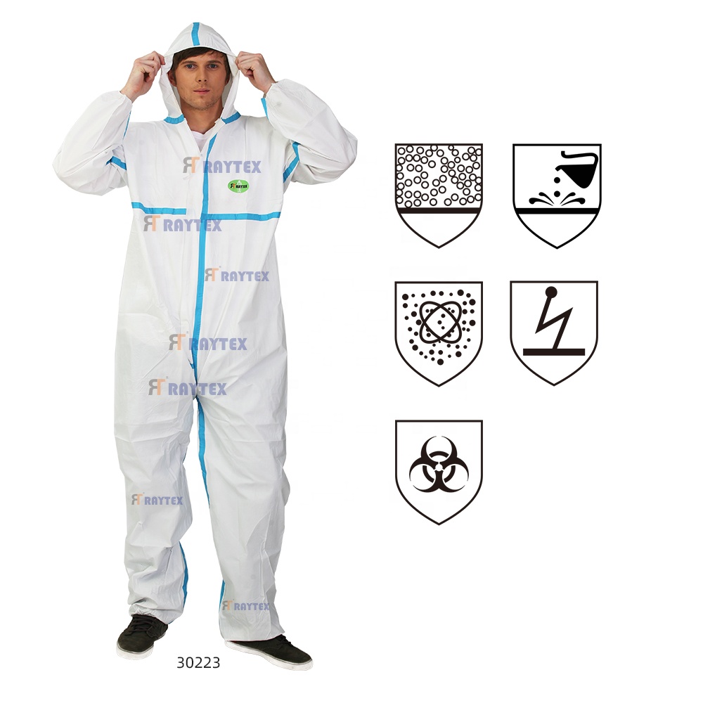 30223 OEM Disposable Type 4/5/6 PPE Coveralls with Hooded Protective Clothing Safety Chemical Protective Suits