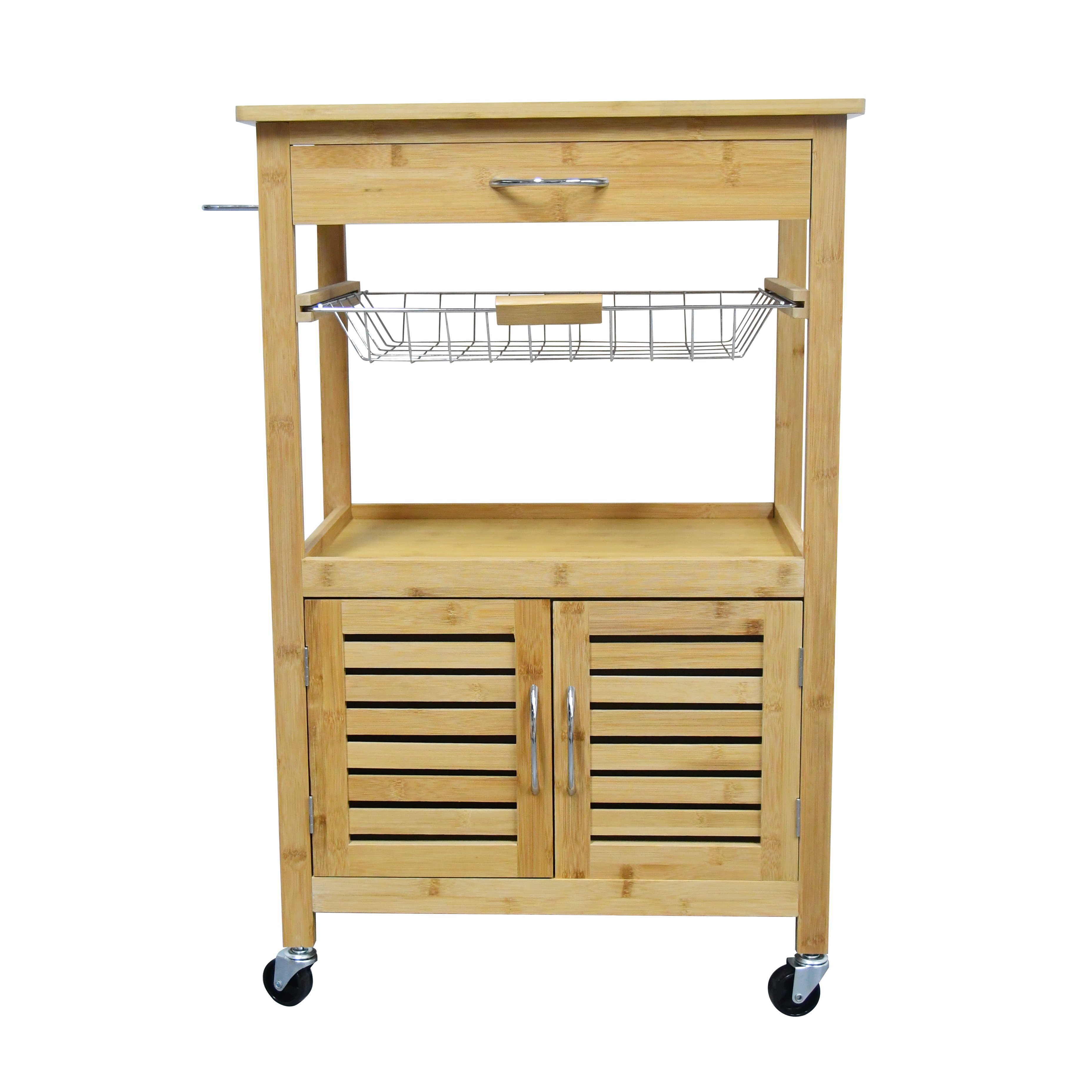 Natural Bamboo Rolling Kitchen Storage Cart with Basket and Wheel