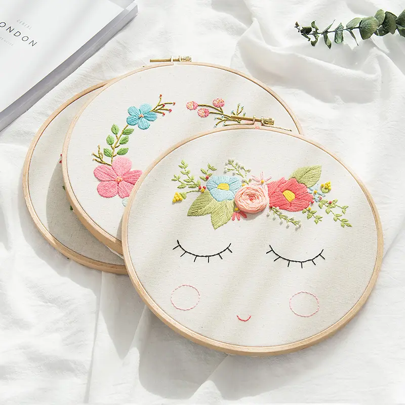 DIY Embroidery Kit with Bamboo Hoop, Flowers Wreath, Needlework Cross Stitch, Handmade Sewing Craft Wall Art Home Decoration