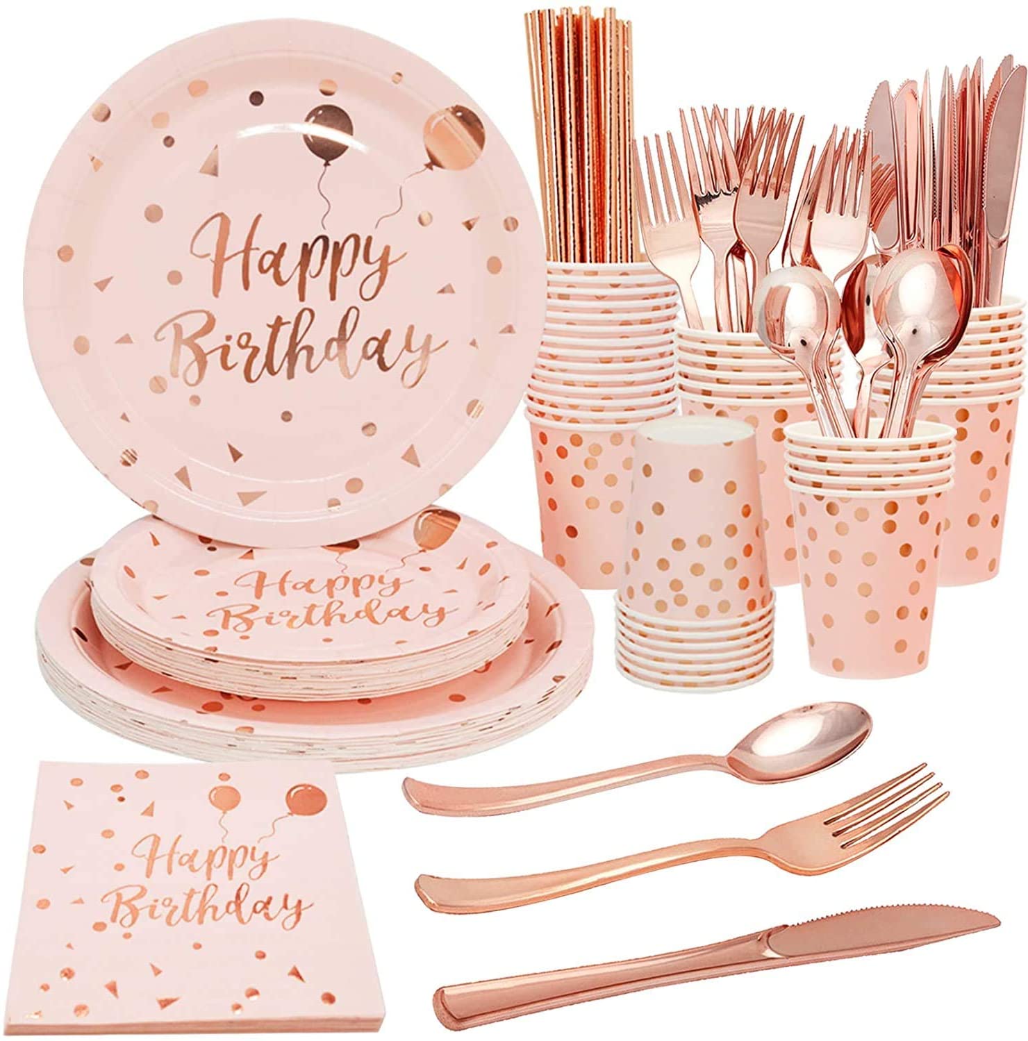 25 Pink Birthday Party Plates Supplies Rose Gold Paper Plates Cups Napkins Sets Plastic Silverware For Rose Gold Birthday Party