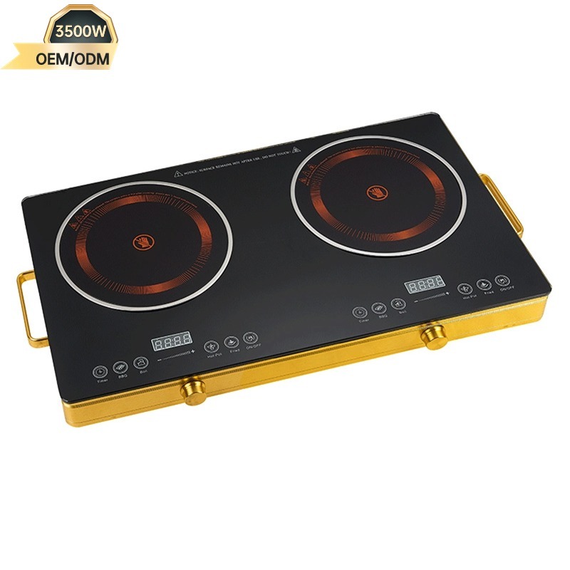2200w Double burner Black Crystal Plate Electric BBQ Stove SS Body with Handle Touch +Knob Control Infrared Cooker