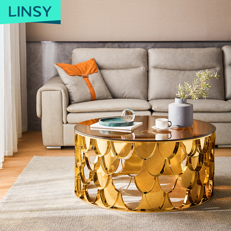 Linsy Modern Round Glass Top Corner Side Tables Living Room Luxury European Designer Golden Italian Coffee Table Set YP1462