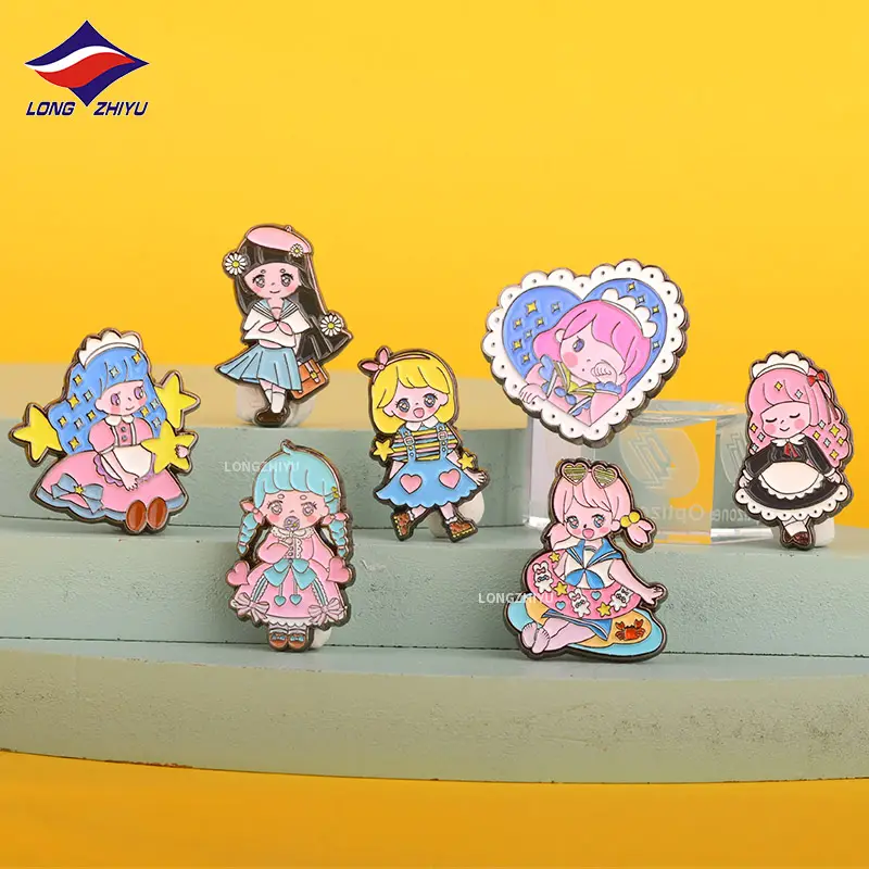 Longzhiyu Custom Cartoon Girl Soft Enamel Pins with Stars Chic Pink Girls Enamel Lapel Pin Brooches Badges for Gifts