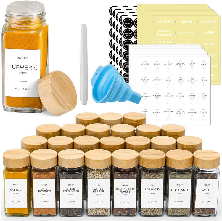 Custom Logo 4 oz Glass Spice Jars with Bamboo Lids Seasoning Storage Bottles for Spice Rack, Cabinet, Drawer