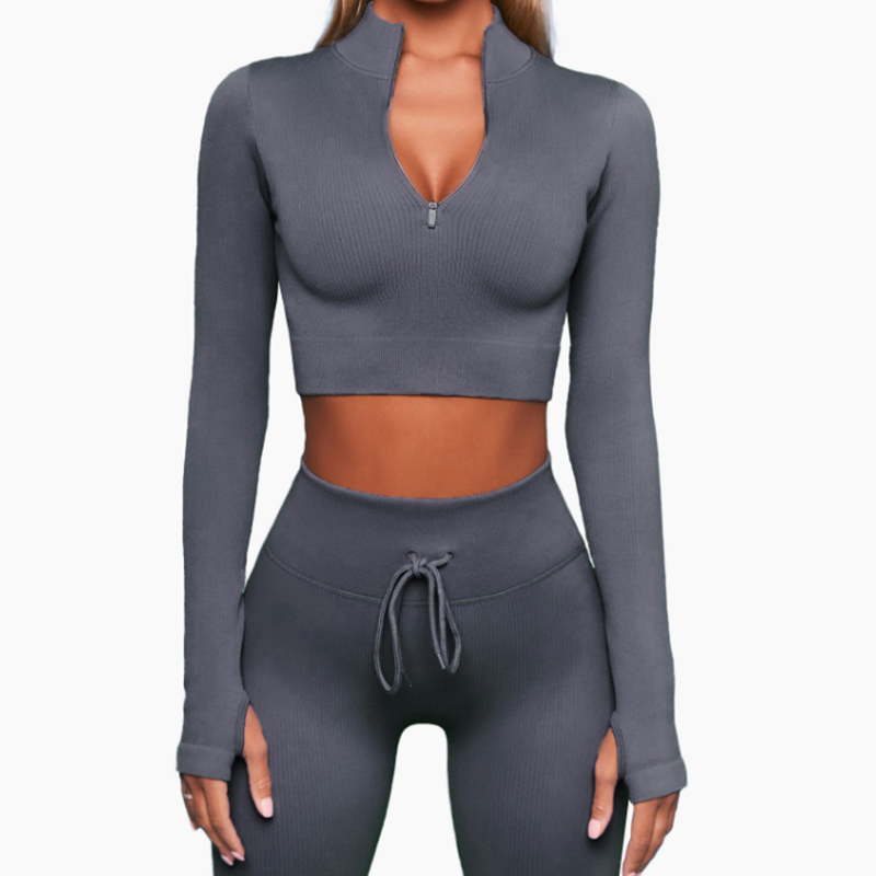 Tracksuit Women Front Zipper Long Sleeve Sport Crop Top Drawstring High Waist Tights Yoga Wear Skinny Leggings Sports Set