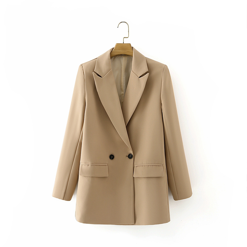 Women Khaki Blazer Coat Vintage Notched Collar Pocket 2021 Fashion Female Casual Chic Tops