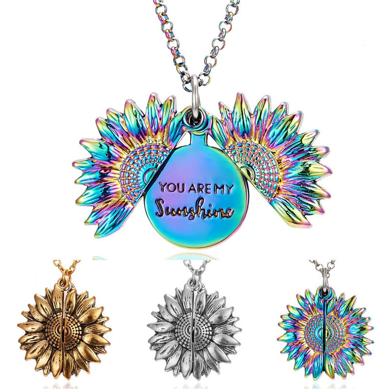 Bijoux Colar Open Locket Necklace Engraved You Are My Sunshine Sunflower Pendant Necklace