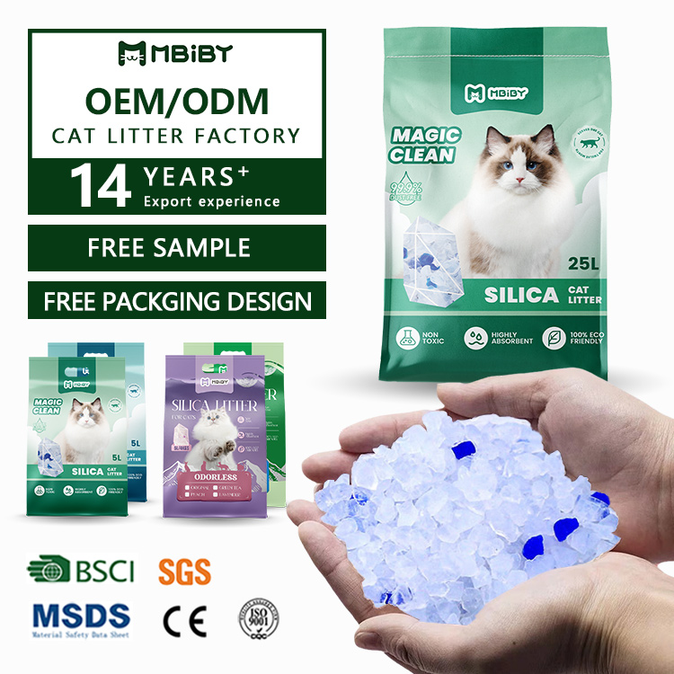 Mbiby Bulk Wholesale Eco-friendly 1-8mm Silica Gel Cat Litter Sand Dust-free In Blue and White Colorful Crystal Cat Litter