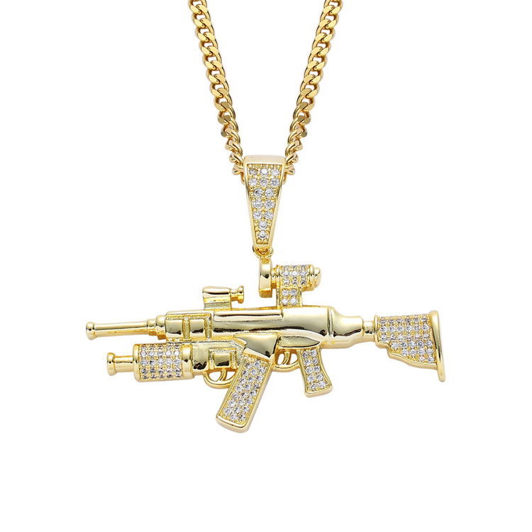 Wholesale personality unisex cz gun design hip hop jewelry charms cubic zircon brass iced out ak47 gun necklace pendants