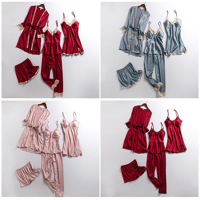 5 Piece Set SleepWear Pijama Sexy slip Lace Bridal Bath robe Pyjamas pigiami Women Silk pantulog Bathrobe pjs Pajamas Set