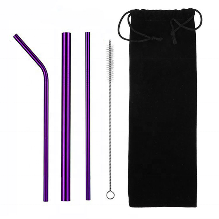 Food grade 304 stainless steel straw purple straw set of 4 with cleaning brush metal straws