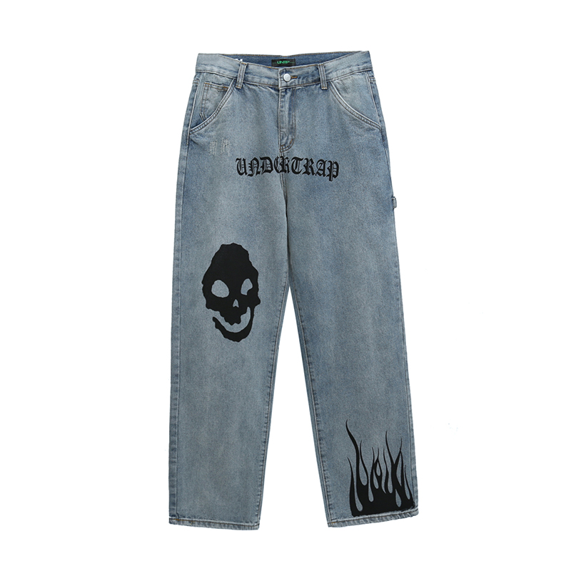 Custom Screen Printing Logo Blue Loose Wide Leg men's jeans 2021 Factory Wholesale