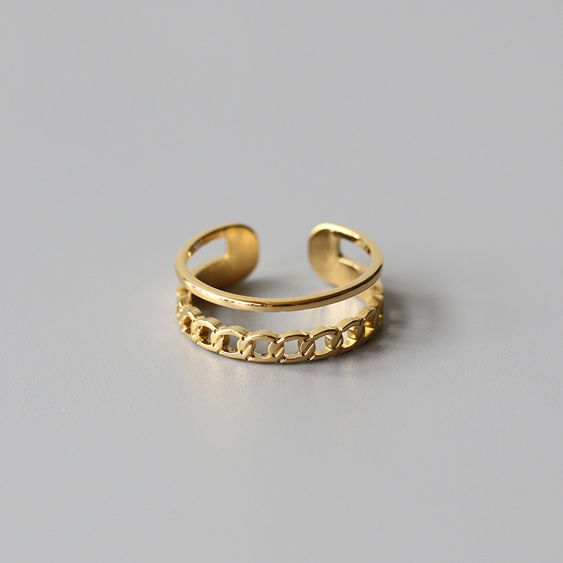 New Model 18k Gold Plated Stainless Steel Finger Cuban Chain Wire Double Two Layer Chain Ring Jewelry