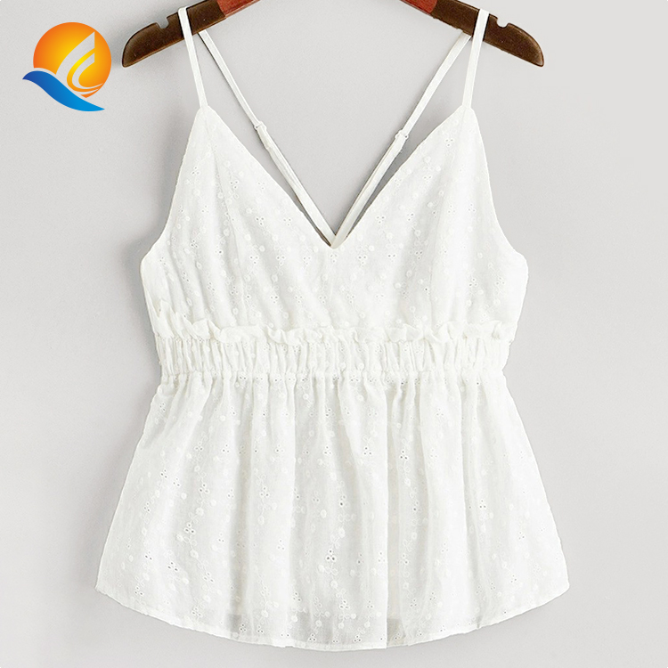 2020 летние женщины богемный ушко Вышивка V шеи Strappy Cross Back белый хлопок Cami Top