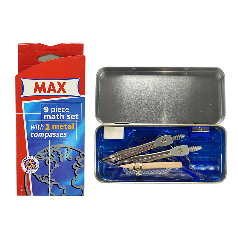 Bangladesh hot selling customize 9 pcs MAX metal compass math instruments set plastic compass ruler iron box