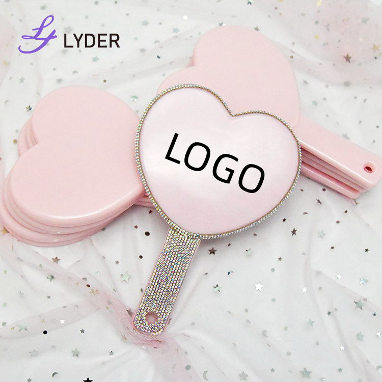 Free Customized Logo Bling Rhinestone Promotional Eyelash Heart Handheld Custom Cosmetic Lash Hand Makeup Mirror With Handle