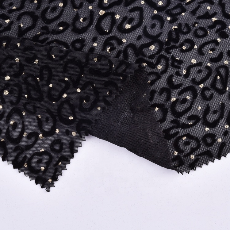 Customized Luxury 100 Polyester Gold Foil Prints Knitted Velvet Flocked Mesh Fabric