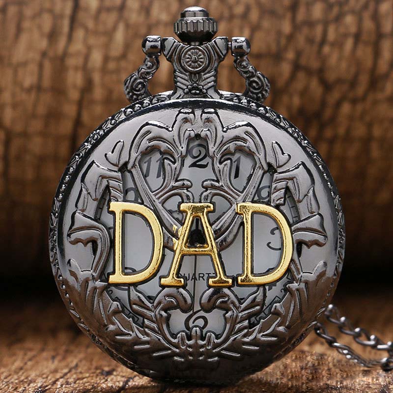 Hollow DAD letter pocket watch Women Men Pendant Necklace Watch Bronze Antique Vintage Quartz Steampunk Pocket Watch