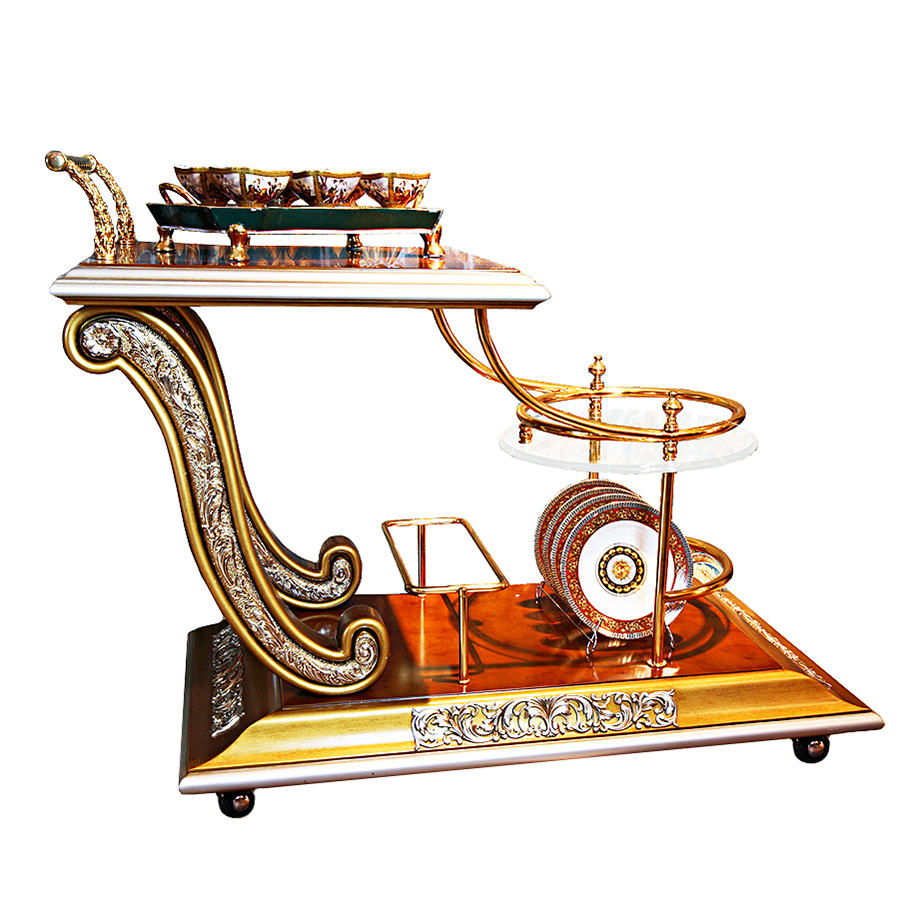 Luxury Elegant French Louis Replica Gold and Brown Dumb Waiter Serving Tea Trolley Cart