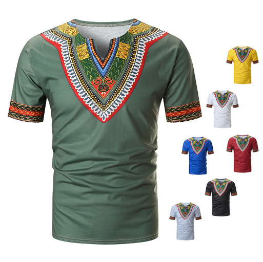 Super Cheap Bulk Ankara Fabric African Wax Print Hollandais Dashiki Style Printed V-neck Short Sleeve Tees T-shirt For Men