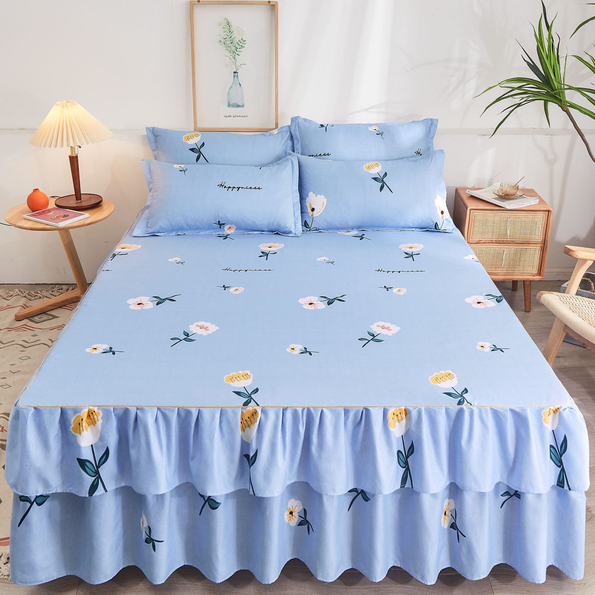 Manufacturer Korean Style Bed Skirt Simple Printing 2 layer Thicken bed skirt