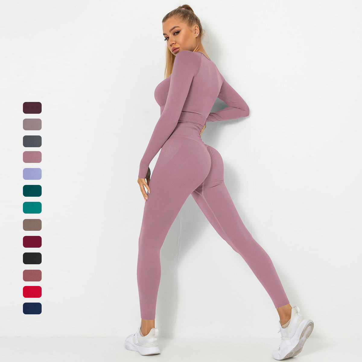 2022 New Women Seamless Solid Color Long Sleeve Yoga Top And High Waist Leggings Workout Sets