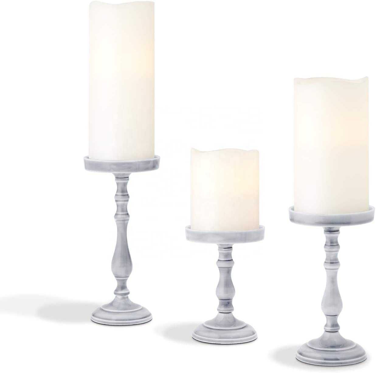 Pillar Candle Holder Set of 3 - Rustic Farmhouse Candleholders in 5, 6.5 and 8 Inch Tall, Grey Ceramic Finish, for Coffee Table