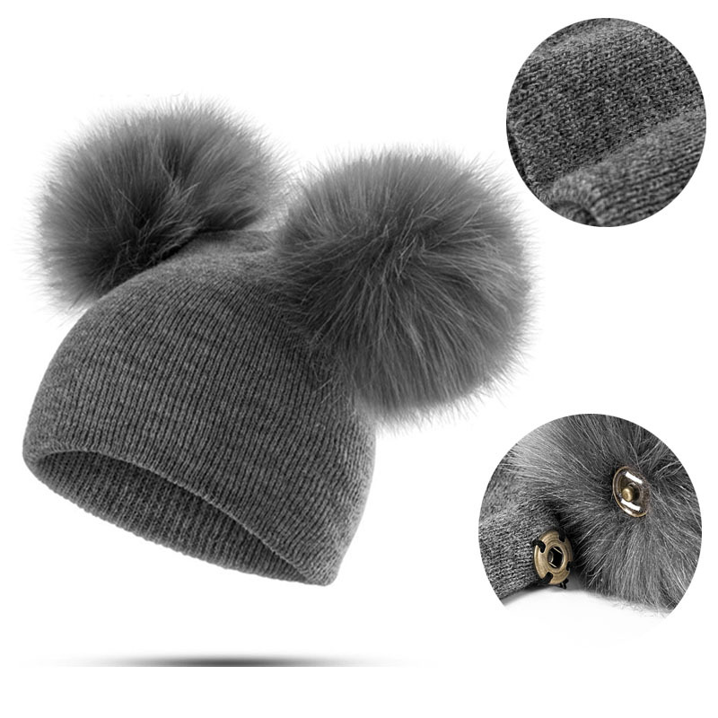 solid color plain detachable double ball newborn winter hats with pom pom baby beanie hat