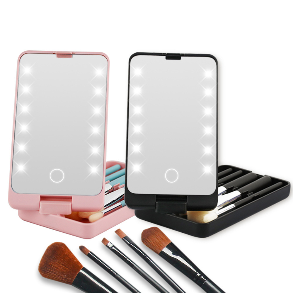 New Mini make up brush set Custom Logo Portable led makeup brush set with mirror