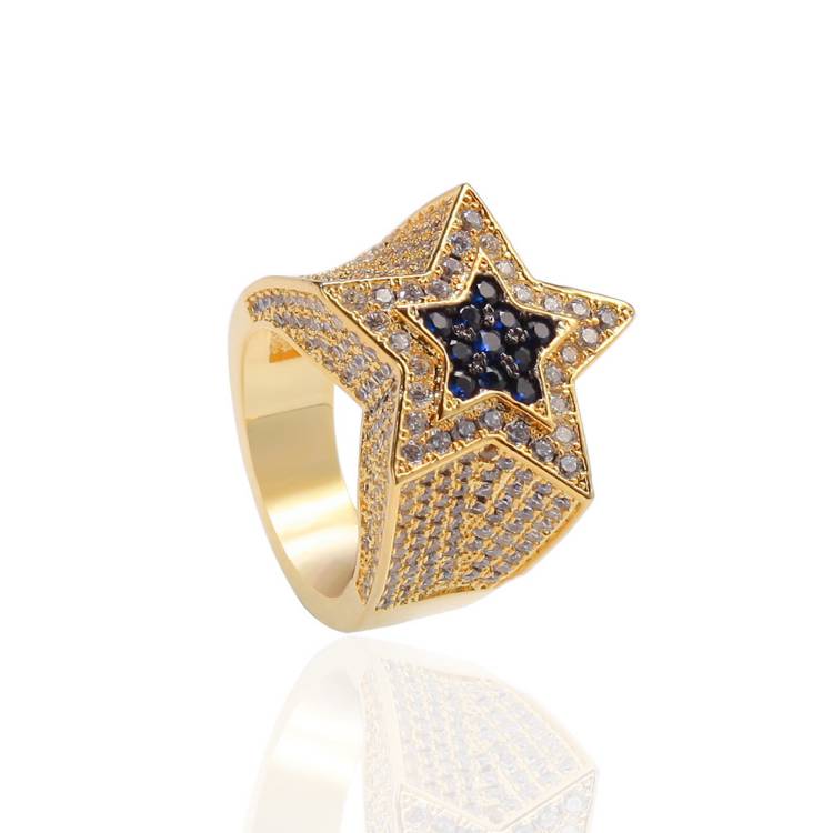 Хип-хоп 18k позолоченные покрытые золотом пять звезд Шарм Циркон льдом кольцо для женщин