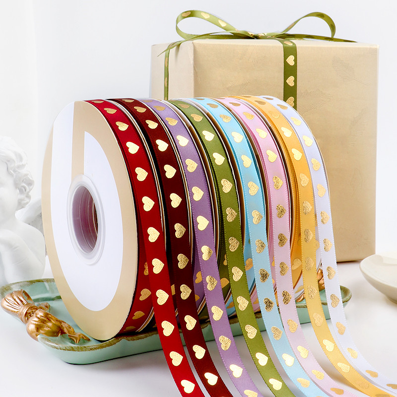 CSFY 3/8 inch 1cm Solid Color Single Face Satin Ribbon with gold stamping logo in stock 50 yards per roll
