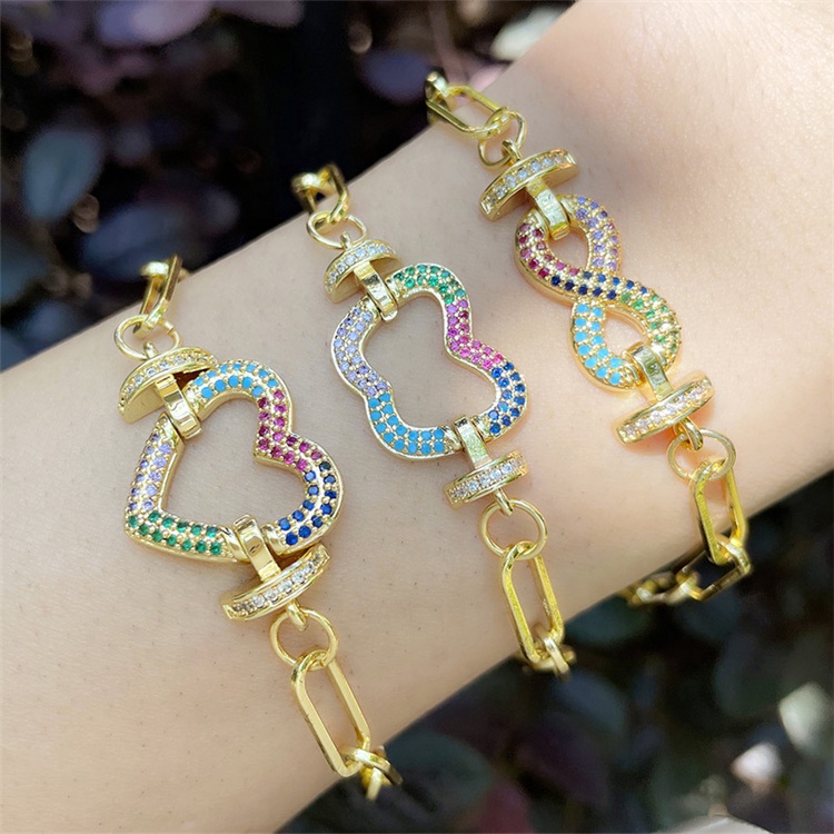 Hot Selling Crystal Peach Heart Chunky Chain Bracelet Luxury Women Gold Plated Thick Toggle Clasp Bracelet