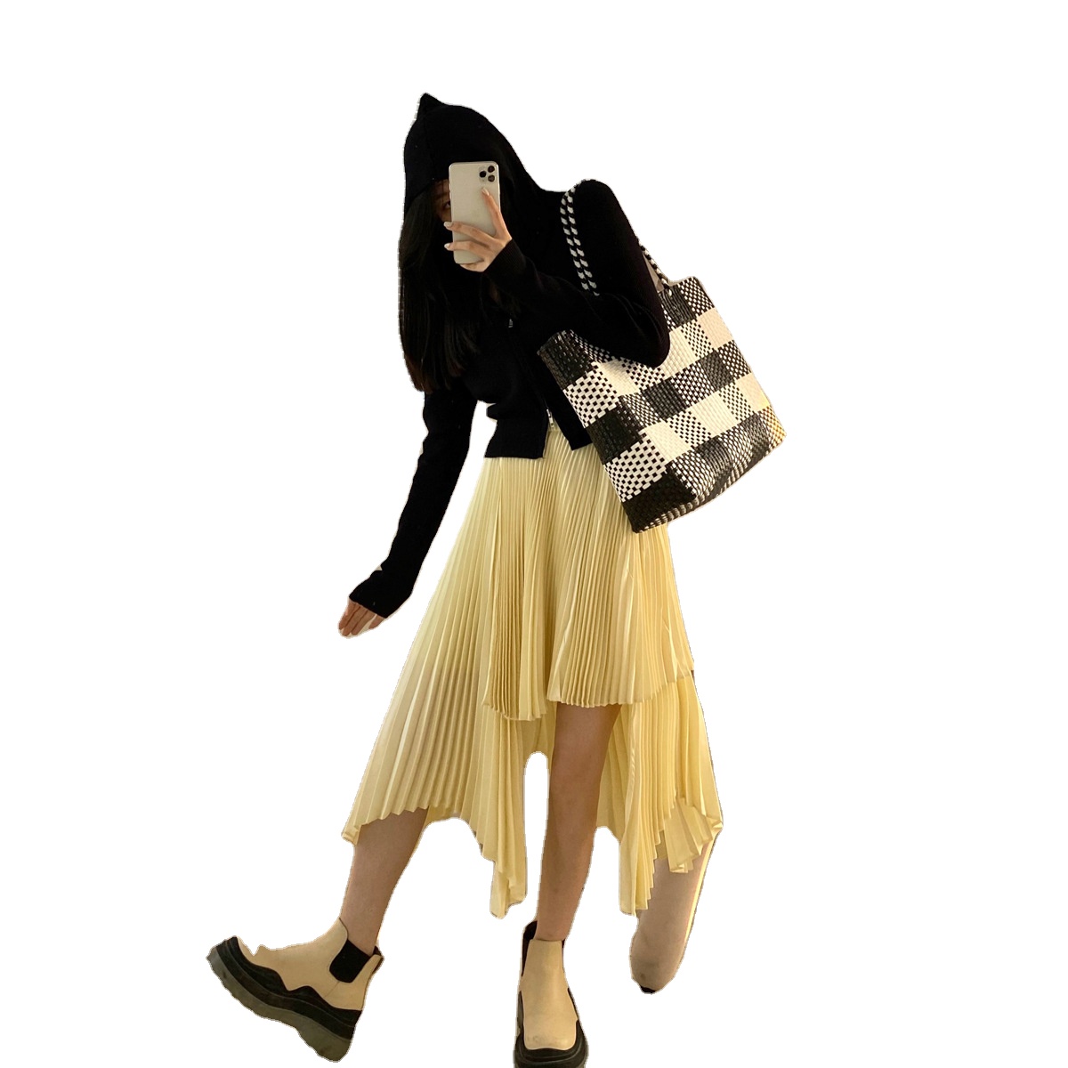2021 Autumn New Arrival Womens Pleated Asymmetrical Hem Skirts High-Waist Midi Skirts Ladies Sweet Skirts