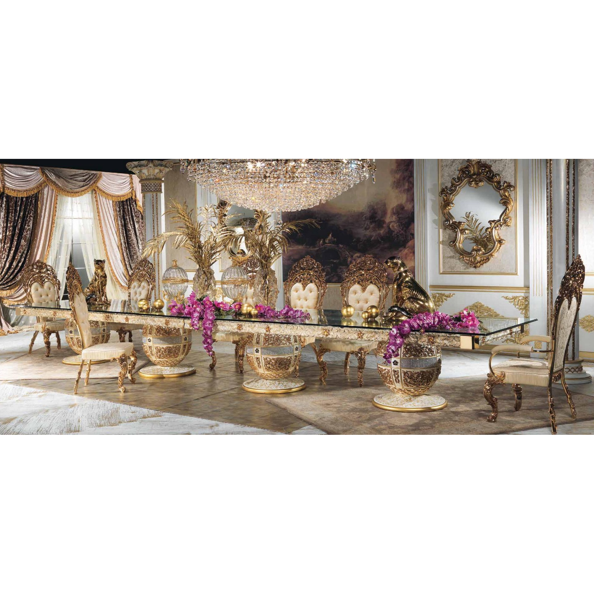 Royal French White And Golden Long Dining Table With Chair Elegant Palace Wooden Handmade Dining Room Set