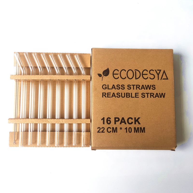 2021 Amazon Best Selling 10*220mm 16PCS Glass Straw Set Borosilicate Glass Drinking Straw with Brush and Packaging