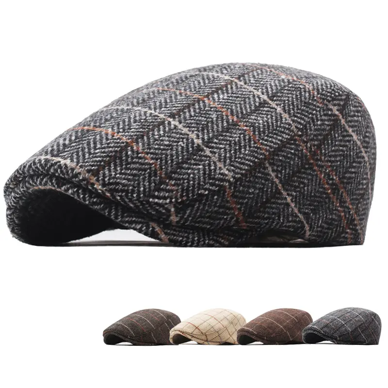 Men winter ivy hat wholesale Retro thickening warm Color grid Britain beret ivy hat