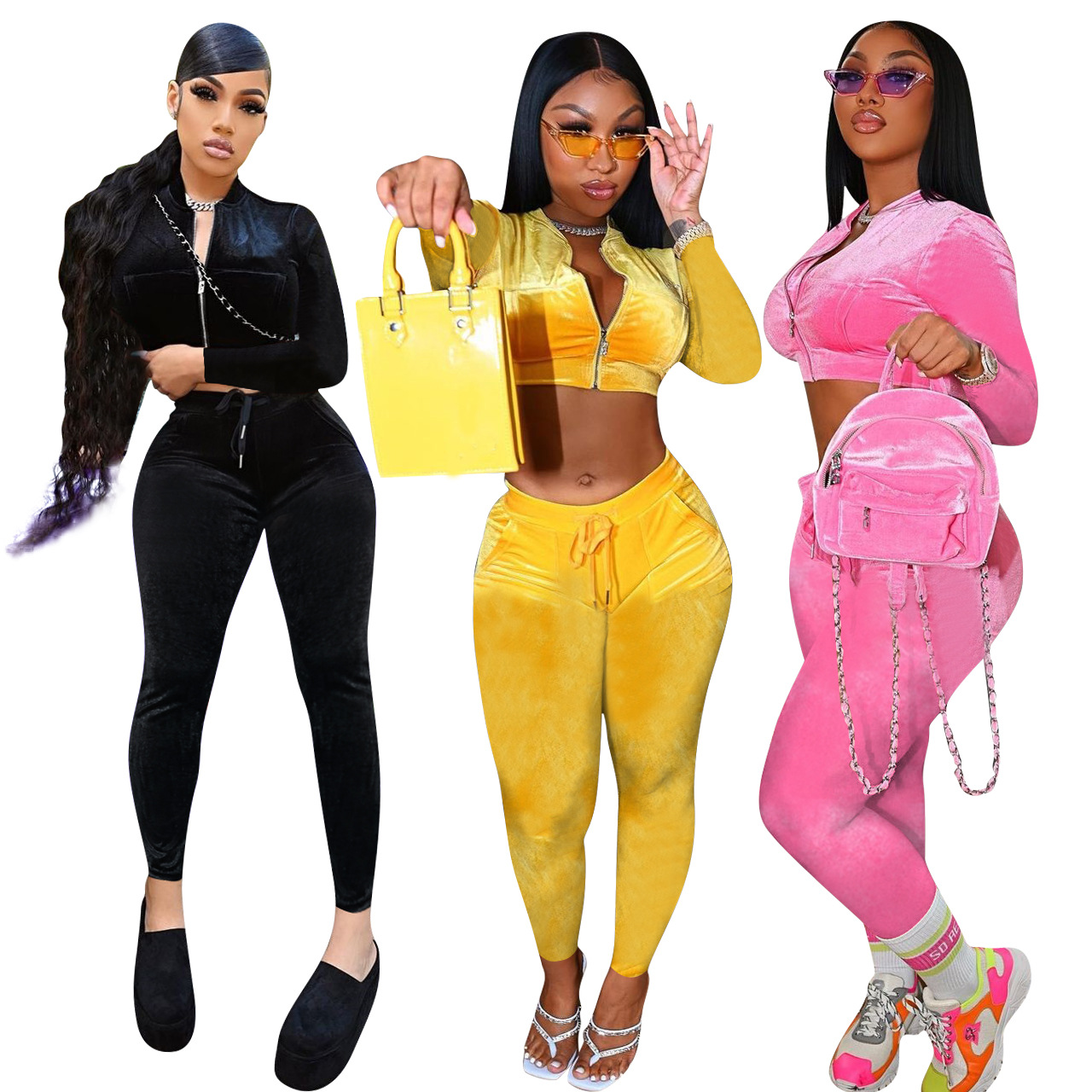 Favorable Price Zipper Crop Shirts Long Jogger Pants Tracksuits Women Pink Velvet 2 Piece Set