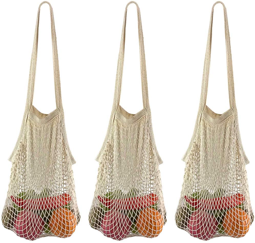 Hot Selling Reusable Fruit Vegetable Grocery Produce Tote Cotton String Mesh Net Shopping Bag With Long Handle