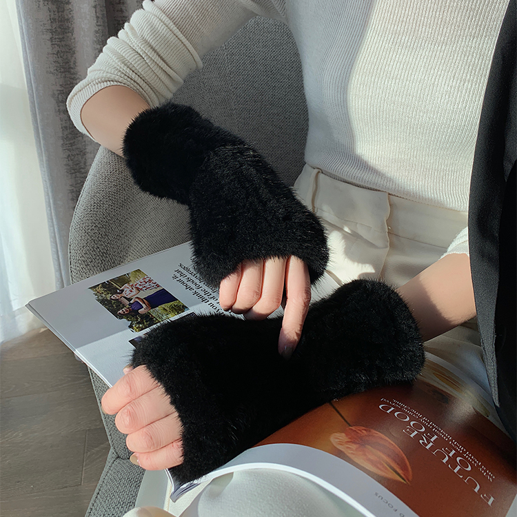 Mink Fur Mittens Women Gloves Knitted Fingerless Warmer Winter Knitted Gloves