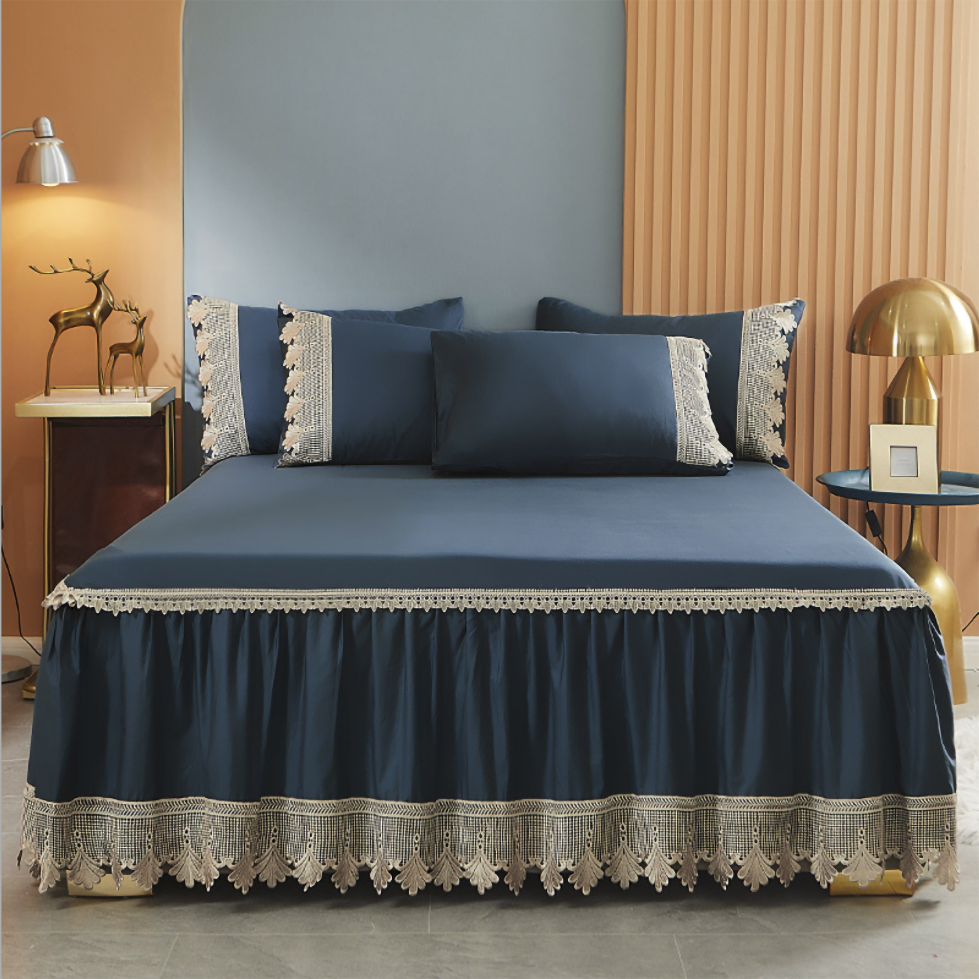 wholesale customized full queen king size bedding set skirt 100% long staple cotton Luxury lace bed skirts home hotel