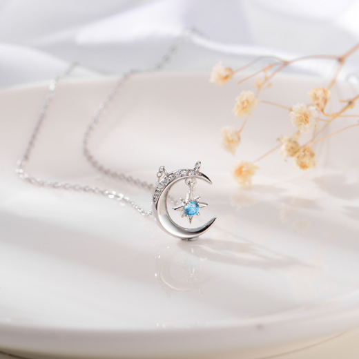 Half Crescent Moon And Star Pendant Necklace 925 Sterling Silver Women Girl Necklace