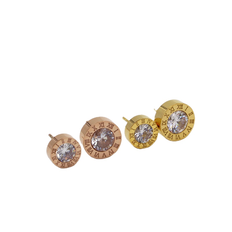 Roman numerals carved high quality simple single zircon titanium stud earrings for both men and women couple