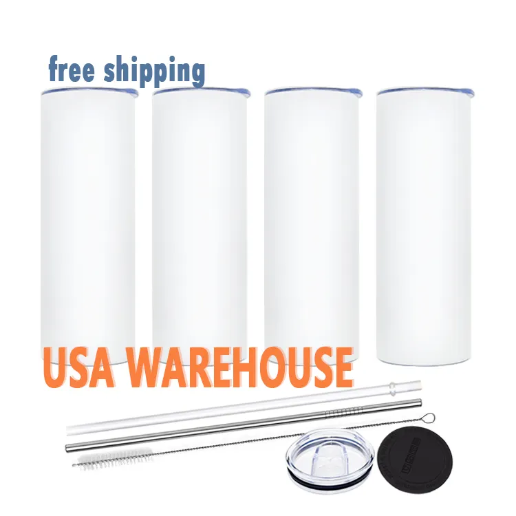 US warehouse 20oz stainless steel sublimation blank  tumblers straight Wholesale bulk white slim tumbler with lid and straw