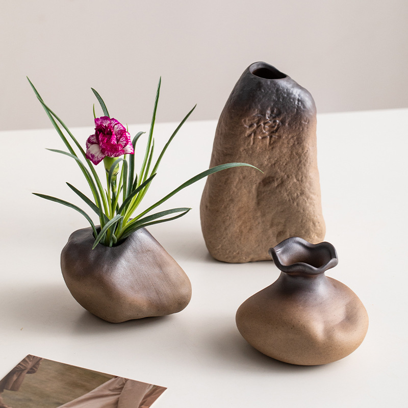 Vintage Stone Ceramic Flower Vase Modern Hydroponic Flower vase Creative Decoration Vase