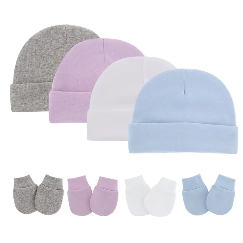 High Quality kids gloves and hats Organic Cotton soft knit baby beanie anti-scratch gloves Newborn Cap Mitten Warm Headwear Set